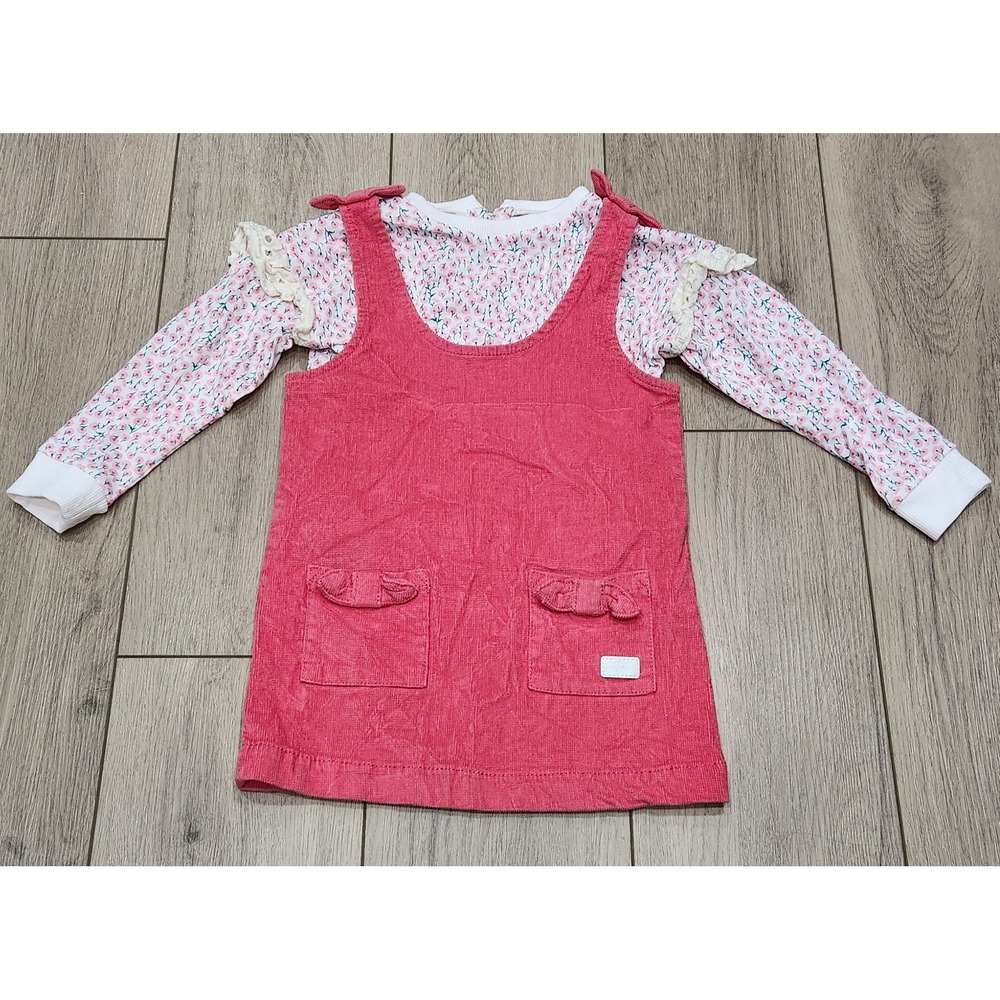 Toddler Girls 3T Pink Corduroy Pinafore Dress Floral Top Set 7 For All Mankind